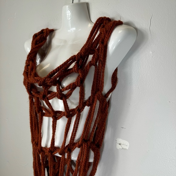 custom hand knit knotted rust red net dress sleeveless scoop neck high low artsy - Picture 8 of 15